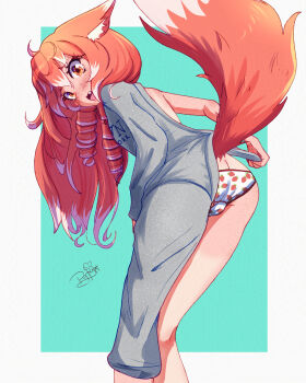 ahoge animal_ears asymmetrical_clothes brooklyn_sweater_(meme) brown_eyes fang food_print fox_ears fox_girl fox_tail freckles from_behind fruit_print grey_sweater highres looking_back meme open_mouth orange_hair original panties poppytart print_panties signature single_bare_leg single_bare_shoulder single_pantsleg strawberry_panties strawberry_print sweater tail tira_(sunset_nivaris) underwear
