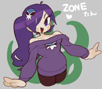 Rule 34 | 1girl, bare shoulders, black pantyhose, borrowed character, breasts, fang, grey background, hair over one eye, long hair, original, pantyhose, ponytail, purple eyes, purple hair, shioinu kemushi, simple background, small breasts, sweater, zone-tan