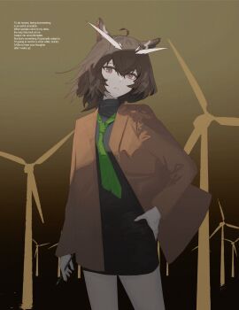 1girl absurdres ahoge alternate_costume arknights black_dress brown_coat brown_eyes brown_hair chalalot closed_mouth coat collared_dress commentary contrapposto cowboy_shot dot_nose dress english_commentary english_text expressionless feather_hair green_necktie hair_between_eyes hand_on_own_hip head_tilt highres holding holding_pencil long_sleeves looking_at_viewer medium_hair necktie owl_ears owl_girl pencil pencil_dress sidelocks silence_(arknights) silence_the_paradigmatic_(arknights) solo source_quote standing wind_turbine windmill