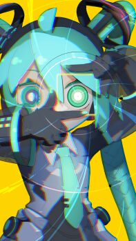 1girl absurdres ahoge android aqua_eyes aqua_hair aqua_nails aqua_necktie blue_hair burenai_ai_de_(vocaloid) cable cable_hair cheri_zao chromatic_aberration commentary covering_own_mouth detached_sleeves finger_frame finger_frame_over_eye green_eyes hatsune_miku headgear headphones heterochromia highres joints long_hair looking_at_viewer mechabare mechanization necktie proto_miku_(cheri_zao) ringed_eyes robot robot_girl robot_joints see-through_clothes see-through_sleeves simple_background solo twintails upper_body very_long_hair vocaloid yellow_background