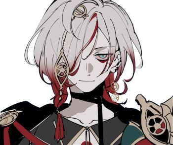 1boy blue_eyes e_fgoj earrings eyeshadow eyeshadow_under_eye fate/grand_order fate_(series) gradient_hair hair_ornament hair_over_one_eye jewelry karna_(celebratory_attire)_(fate) karna_(fate) looking_at_viewer makeup male_focus medium_hair multicolored_hair pale_skin portrait red_eyeshadow red_hair simple_background smile solo white_background white_hair