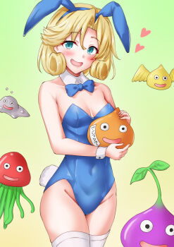 Rule 34 | 1girl, 5others, animal ears, anti (untea9), blonde hair, blue eyes, blue leotard, breasts, cleavage, detached collar, dragon quest, dragon quest iii, gadabout (dq3), gradient background, green background, highres, janus (kancolle), kantai collection, leotard, looking at viewer, multiple others, open mouth, playboy bunny, rabbit ears, short hair, slime (dragon quest), small breasts, smile, thighhighs, white thighhighs