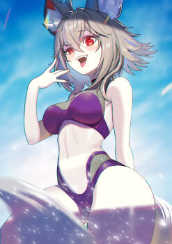 1girl :d absurdres ahoge animal_ear_fluff animal_ears arm_behind_back bare_shoulders bikini blue_sky blush breasts brown_hair chromatic_aberration cloud cowboy_shot day fangs filian_(vtuber) fox_ears fox_girl fox_tail gesugao grey_hair hair_between_eyes hand_up highres indie_virtual_youtuber large_breasts looking_at_viewer medium_breasts medium_hair minimalaifu navel open_mouth outdoors purple_bikini red_eyes rindo_(vrchat) short_hair sky smile solo swimsuit tail teeth thighs tongue tongue_out uneven_eyes upper_teeth_only virtual_youtuber vrchat wading water