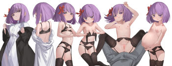 1boy 1girl big_belly blush bow breasts closed_mouth dress fern_(sousou_no_frieren) fuyouchu garter_belt garter_straps hair_bow highres lingerie loli multiple_views pregnant purple_eyes purple_hair pussy red_bow simple_background small_breasts sousou_no_frieren spread_legs tagme underwear