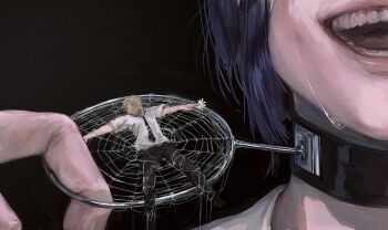 1boy 1girl black_choker black_necktie black_pants blonde_hair chainsaw_man choker close-up collared_shirt commentary_request crying denji_(chainsaw_man) doeun_o_o entangled eyes_out_of_frame faceless faceless_male flower grenade_pin head_out_of_frame highres holding holding_flower necktie open_mouth pants purple_hair reze_(chainsaw_man) shirt short_hair silk sleeves_rolled_up smile spider_web streaming_tears tears teeth upper_body white_flower white_shirt