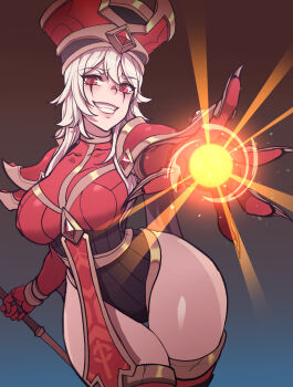 1girl armor bad_id bad_pixiv_id breasts cape carcass_(artist) casting_spell cleavage curvy elbow_gloves gem gloves grey_hair hair_between_eyes hat heroes_of_the_storm highleg highleg_leotard highres holding holding_staff jewelry large_breasts leotard long_hair necklace pauldrons red_eyes red_gloves red_hat red_thighhighs sally_whitemane shoulder_armor sketch smile solo staff teeth thick_thighs thighhighs thighs wide_hips