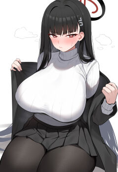 1girl absurdres bad_link black_hair black_halo black_jacket black_pantyhose black_skirt blazer blue_archive blush breasts bright_pupils closed_mouth dush_1154 halo highres huge_breasts jacket long_hair looking_at_viewer miniskirt open_clothes open_jacket opened_by_self pantyhose pleated_skirt red_eyes rio_(blue_archive) simple_background sitting skirt solo sweat sweater thighs turtleneck turtleneck_sweater very_long_hair white_background white_sweater