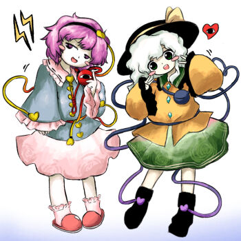 2girls black_hat blue_shirt buttons commentary_request contrast_collar full_body green_skirt grey_hair hair_between_eyes hat hat_ribbon heart heart_button heripantomorrow komeiji_koishi komeiji_satori long_sleeves looking_at_viewer multiple_girls open_mouth pink_eyes pink_hair pink_skirt red_slippers ribbon shirt skirt slippers smile third_eye touhou white_background wide_sleeves yellow_ribbon yellow_shirt zun_(style)