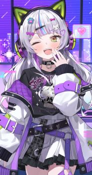 1girl 8-bit :d ;d absurdres animal_ear_headphones animal_ears belt black_belt black_choker black_shirt blue_hair blunt_bangs blush cat_ear_headphones cat_ears cat_hair_ornament character_print choker commentary_request cowboy_shot fake_animal_ears frilled_skirt frills grey_hair grey_skirt hair_ornament hairclip hand_up headphones heart heart_hair_ornament highres hololive jacket long_hair long_sleeves looking_at_viewer miniskirt multicolored_hair murasaki_shion murasaki_shion_(8th_costume) nel_dcm o-ring o-ring_belt off_shoulder official_alternate_costume official_alternate_hairstyle one_eye_closed open_clothes open_jacket open_mouth paw_hair_ornament pleated_skirt print_shirt purple_belt purple_hair purple_jacket quilted_jacket shirt shirt_tucked_in short_eyebrows sidelocks skirt sleeves_past_wrists smile solo spoken_heart standing straight-on streaked_hair teeth two-sided_fabric two-sided_jacket upper_teeth_only virtual_youtuber wallet_chain white_jacket yellow_eyes