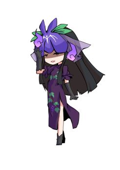 Rule 34 | 1girl, black gloves, black hair, chibi, chibi only, china dress, chinese clothes, commentary request, dairi, dress, food print, fruit print, full body, gloves, hand up, large variant set, long hair, long sidelocks, puffy short sleeves, puffy sleeves, purple dress, purple eyes, shaded face, short sleeves, sidelocks, simple background, solo, tachi-e, touhou, transparent background, variant set, vine print, yomotsu hisami