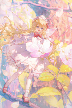 1girl bad_source blonde_hair blue_eyes bow branch dress falling_petals flower hat highres leaf long_hair maccha_(mochancc) open_mouth petals red_bow red_shoes shoes smile solo touhou white_dress white_hat wings