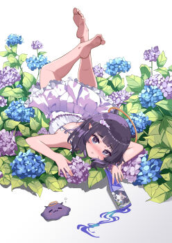 1girl :3 =_= absurdres bare_arms bare_shoulders barefoot blue_flower bluesandesei blush bottle chinese_commentary closed_mouth commentary_request dress feet feet_up flower halo highres hololive hololive_english looking_at_viewer lying mole mole_under_eye ninomae_ina'nis on_stomach pointy_ears purple_eyes purple_flower purple_hair sake_bottle short_hair simple_background sleeveless sleeveless_dress soles solo squeans sundress takodachi_(ninomae_ina'nis) toes traditional_halo virtual_youtuber wavy_mouth white_background white_dress yellow_halo