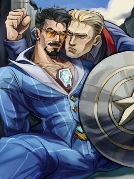 Rule 34 | 2boys, arc reactor, avengers (series), black facial hair, black hair, blonde hair, blue eyes, blue jacket, blue pants, blue sky, blue suit, chest jewel, clenched hand, commentary, english commentary, facial hair, formal clothes, hair slicked back, highres, holding, holding shield, jacket, looking at another, looking at viewer, male focus, marvel, marvel rivals, mature male, multiple boys, muscular, muscular male, official alternate costume, outdoors, pants, pinstripe pattern, pinstripe suit, shield, short hair, sitting, sky, sofdida thing, spread legs, steve rogers, suit, sunglasses, tinted eyewear, tony stark, twitter username, yaoi, yellow-tinted eyewear