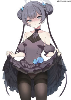 1girl absurdres art_crab bare_shoulders black_dress black_hair black_pantyhose blue_archive blue_flower braid breasts bun_with_braided_base clothes_lift collarbone double_bun dress dress_lift flower grey_eyes grey_halo hair_bun halo highres kisaki_(blue_archive) kisaki_(dress)_(blue_archive) loli long_hair looking_at_viewer official_alternate_costume pantyhose simple_background small_breasts solo thighband_pantyhose twintails twitter_username very_long_hair white_background