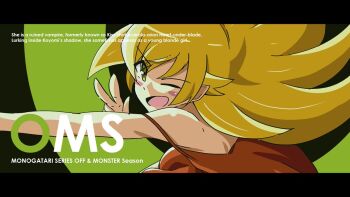 bare_arms bare_shoulders black_background black_border blonde_hair blush_stickers border character_name copyright_name dot_nose dress english_text flipped_hair green_background hair_between_eyes hair_flaps hand_up happy letterboxed long_hair looking_at_viewer lying monogatari_(series) on_side one_eye_closed open_mouth oshino_shinobu outstretched_arm patterned_background pointy_ears red_dress ringed_eyes shinobumonogatari sidelocks sonikkusupin strapless strapless_dress sundress two-tone_background upper_body very_long_hair w yellow_eyes
