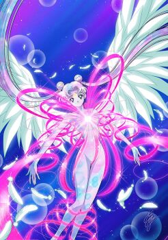 1girl bishoujo_senshi_sailor_moon bishoujo_senshi_sailor_moon_stars blue_background blue_eyes crescent crescent_facial_mark dot_nose double_bun facial_mark feathered_wings feathers forehead_mark full_body hair_bun head_tilt henshin legs_together long_hair looking_at_viewer marco_albiero naked_ribbon official_style outstretched_arms parted_bangs pink_ribbon ribbon signature smile solo sparkle split_mouth spread_arms tamegai_katsumi_(style) thigh_gap tsukino_usagi twintails white_feathers white_wings wings