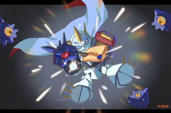 Rule 34 | 765 nanami, aiming, aiming at viewer, arm cannon, blue eyes, cape, chibi, digimon, digimon (creature), digimon adventure, digimon adventure: bokura no war game, digimon day, highres, kuramon, mecha, omegamon, powering up, robot, weapon, white cape