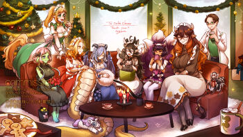 1boy 6+girls alien animal_ears animal_feet arachne arthropod_girl black_dress black_hair blonde_hair blue_dress blue_hair brown_dress brown_hair centaur christmas christmas_tree commentary_request commission couch cow_ears cow_girl cow_horns cow_tail dragon_girl dragon_horns dragon_tail dragon_wings dress fox_ears fox_girl fox_tail full_body gingerbread_cookie green_dress highres hogara hooves horns indoors insect_girl kitsune lamia long_hair maid maid_headdress monster_girl multiple_girls multiple_tails on_couch original pointy_ears puffy_short_sleeves puffy_sleeves purple_dress purple_hair red_dress short_sleeves sitting skeb_commission spider_girl tail taur window wings