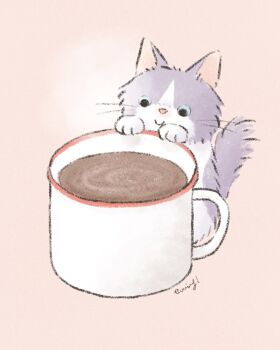 animal_focus baby_animal cat commentary_request cup drink eving food highres hot_chocolate kitten mug no_humans original pink_background steaming_cup