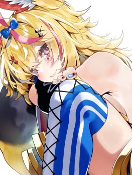 1girl absurdres animal_ears bare_shoulders black_streaks blonde_hair blue_bow blue_nails bow closed_mouth club_hair_ornament commentary diamond_(shape) diamond_facial_mark diamond_hair_ornament facial_mark fingernails fox_ears fox_girl fox_tail hair_bow hair_ornament heart heart_facial_mark heart_hair_ornament highres hololive long_hair looking_at_viewer multicolored_hair nail_art nail_polish omaru_polka omaru_polka_(1st_costume) pink_nails pink_streaks purple_eyes sitting solo spade_(shape) spade_facial_mark spade_hair_ornament star_(symbol) star_facial_mark streaked_hair striped_clothes striped_thighhighs symbol-only_commentary tail thighhighs tsushi vertical-striped_clothes vertical-striped_thighhighs virtual_youtuber x_(symbol) x_facial_mark x_hair_ornament