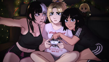 absurdres black_bra black_eyes black_hair black_tank_top blonde_hair bra breasts christmas_tree clothes_writing commentary controller dolphin_shorts english_commentary face_piercing freckles game_controller highres holding holding_controller holding_game_controller indoors jessie_(veyonis) large_breasts lip_piercing mika_(veyonis) multicolored_hair navel nose_piercing open_mouth original parted_lips piercing pointing shorts sitting snakebite_(piercing) tank_top two-tone_hair underwear veyonis yuna_(veyonis)