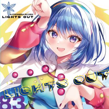 1girl album_cover album_name alstroemeria_records blue_hair blush cape circle_name cloak comiket_101 commentary_request cover dress english_text hairband highres long_sleeves looking_at_viewer multicolored_dress multicolored_hairband nenobi_(nenorium) open_mouth patchwork_clothes pointing pointing_down pointing_up purple_eyes rainbow_gradient rainbow_hairband second-party_source sky_print smile solo tenkyuu_chimata touhou two-sided_cape two-sided_fabric white_cape white_cloak