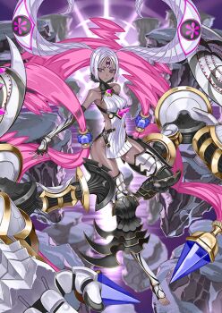 Rule 34 | 1girl, arm behind back, armor, bare shoulders, black armor, black gloves, black thighhighs, bob cut, breasts, chest spike, closed mouth, collarbone, colored inner hair, colored skin, crossed legs, dress, elbow gloves, expressionless, extra arms, fate/grand order, fate (series), fingerless gloves, floating hair, full body, game cg, gloves, hagoromo, hair horns, halterneck, honjou raita, impossible clothes, japanese armor, kote, leg armor, leg up, long hair, looking to the side, mechanical arms, multicolored hair, no panties, official art, outstretched arm, parted bangs, pelvic curtain, pink eyes, purple background, purple hair, purple skin, shawl, short dress, short eyebrows, sideless dress, sideless outfit, sleeveless, sleeveless dress, small breasts, solo, stirrup legwear, thighhighs, third-party source, third eye, toeless legwear, toes, turtleneck, ushi gozen (avenger) (fate), ushi gozen (avenger) (third ascension) (fate), ushi gozen (fate), variant set, white armor, white dress