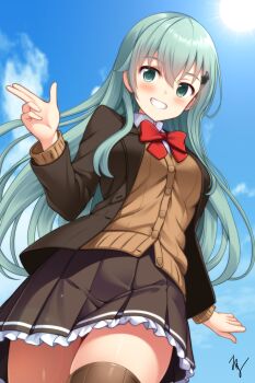 1girl :d aqua_eyes aqua_hair ascot blazer blue_sky blush bow bowtie breasts brown_jacket brown_skirt brown_thighhighs cardigan cloud cloudy_sky commentary_request cowboy_shot day dutch_angle floating_hair frilled_skirt frills from_below grin hair_between_eyes hair_ornament hairclip hand_up happy highres jacket kantai_collection large_breasts long_hair long_sleeves looking_at_viewer miniskirt open_mouth orange_ascot outdoors pleated_skirt red_bow red_bowtie salute school_uniform signature skirt sky smile solo sun suzuya_(kancolle) suzuya_kai_ni_(kancolle) takuma_(takumo7121) thighhighs two-finger_salute upskirt zettai_ryouiki