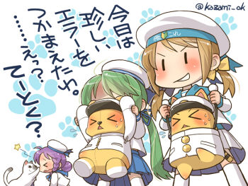 Rule 34 | > <, 10s, 3girls, admiral (kancolle), animal hands, bear, braid, brown hair, cat, closed eyes, dog paws, error musume, flying sweatdrops, girl beaten by a cat (kancolle), girl behind a cat (kancolle), girl holding a cat (kancolle), green hair, grin, hair ornament, hair ribbon, hat, holding, kantai collection, kazami miki, kneeling girl (kancolle), long hair, morino (t morino), multiple girls, non-human admiral (kancolle), open mouth, ponytail, purple hair, ribbon, school uniform, short hair, shoshinsha mark, skirt, smile, star (symbol), stuffed animal, stuffed toy, sweat, translation request, triangle mouth, twintails, twitter username