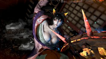 1girl animal_ears black_hair breasts cat_ears cleavage highres japanese_clothes kasha_(nioh) large_breasts long_hair nioh nioh_2 yellow_eyes