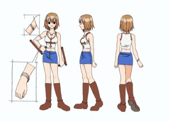 00s 1girl boots bracelet brown_hair reference_sheet elie jewelry lowres miniskirt model_sheet multiple_views necklace pencil_skirt rave_(manga) short_hair skirt tank_top turnaround weapon