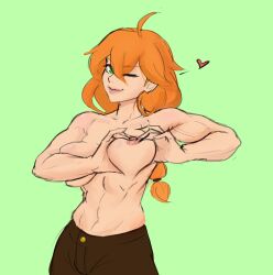Rule 34 | 1girl, abs, alex (minecraft), green background, green eyes, heart, heart-shaped boob challenge, highres, minecraft, muscular, muscular female, one eye closed, orange hair, pants, rezillust, smile, solo, toned, topless, veins, veiny arms