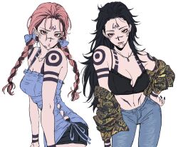 2girls arm_tattoo black_hair bug denim dual_persona facial_tattoo fushiguro_megumi genderswap genderswap_(mtf) highres insect jeans jujutsu_kaisen long_hair looking_at_viewer mesuki_peropero moth multiple_girls navel pants pink_hair possessed possession red_eyes ryoumen_sukuna_(jujutsu_kaisen) simple_background tattoo white_background
