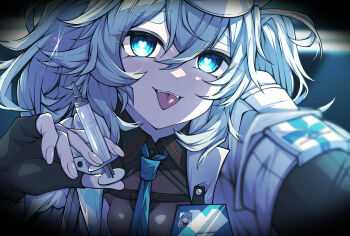 1girl :p absurdres black_gloves black_shirt blue_eyes blue_hair blue_necktie blush crazy_smile elbow_gloves excited fangs fingerless_gloves florence_(girls&#039;_frontline_2) girls&#039;_frontline girls&#039;_frontline_2:_exilium gloves hair_between_eyes hands_up hat heart heart-shaped_pupils highres holding holding_syringe id_card jacket kakuzatou_(cubesugar03196) long_hair messy_hair necktie pa-15_(girls&#039;_frontline) pov shirt short_sleeves smile solo symbol-shaped_pupils syringe tongue tongue_out upper_body very_long_hair white_hat white_jacket