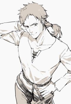 Rule 34 | 1boy, arm behind head, belt, closed mouth, collarbone, hand on own hip, highres, long sleeves, looking at viewer, male focus, medium hair, mokkori, mole, mole under eye, monochrome, mushoku tensei, paul greyrat, ponytail, shirt, simple background, smile, solo, sword, upper body, weapon