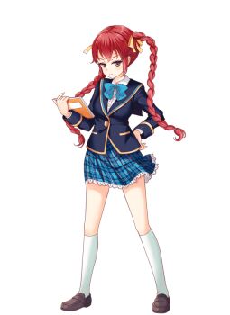 1girl blue_bow blue_bowtie blue_skirt book bow bowtie braid brown_eyes brown_shoes full_body girlfriend_(kari) hair_ribbon holding holding_book jacket kneehighs loafers looking_at_viewer miniskirt official_art plaid_clothes plaid_skirt pleated_skirt qp:flapper red_hair ribbon school_uniform shirt shoes simple_background skirt socks solo thighs transparent_background twin_braids white_shirt white_socks yatsuka_yukie yellow_ribbon