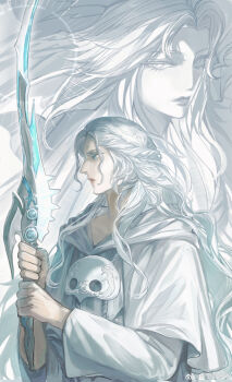 2girls absurdres blue_eyes braid capelet dual_persona fengmi_cu_cankao final_fantasy final_fantasy_xiv half_up_braid highres holding holding_sword holding_weapon hydaelyn long_hair looking_at_viewer mask mask_around_neck multiple_girls profile sophist&#039;s_robe_(ff14) sword unworn_mask upper_body venat_(ff14) watermark wavy_hair weapon weibo_watermark white_capelet white_hair