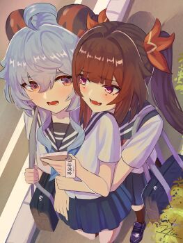 2girls absurdres ahoge bag black_sailor_collar black_shoes blue_bag blue_hair blue_skirt blunt_bangs blush brown_hair brown_socks commentary_request fang from_above ganyu_(genshin_impact) genshin_impact goat_horns hair_intakes highres honkai:_star_rail honkai_(series) horns hug hug_from_behind loafers long_hair looking_at_another mihoyo multiple_girls niadn_nb open_mouth purple_eyes road sailor_collar school_uniform serafuku shirt shoes shoulder_bag skirt socks sparkle_(honkai:_star_rail) standing twintails ueda_reina voice_actor_connection white_shirt