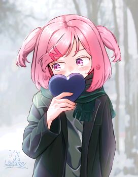 Rule 34 | 1girl, absurdres, artist name, averting eyes, blush, box, box of chocolates, breasts, chocolate, coat, covering own mouth, dated, doki doki literature club, embarrassed, eyelashes, food, furrowed brow, green coat, green scarf, green sweater, hair ribbon, head tilt, heart-shaped box, highres, holding, holding box, holding chocolate, holding food, incoming gift, leguma, looking to the side, natsuki (doki doki literature club), nervous, outdoors, pink eyes, pink hair, pink ribbon, ribbon, scarf, short hair, signature, small breasts, solo, standing, sweatdrop, sweater, swept bangs, tree, two side up, upper body, valentine, winter, winter clothes