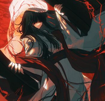 Rule 34 | 1girl, awucyebal, black hair, bridal veil, closed mouth, dutch angle, hashtag-only commentary, highres, hood, japanese clothes, kimono, limbus company, long hair, long sleeves, looking at viewer, obi, project moon, red eyes, red nails, red sash, ryoshu (project moon), sash, see-through clothes, shiromuku, solo, uchikake, veil, wataboushi, white kimono, wide sleeves