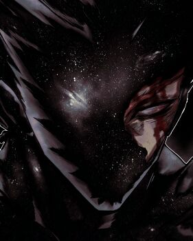 Rule 34 | 1boy, absurdres, blood, blood on face, cracked kawaii mask, garou (one-punch man), grey eyes, highres, koiketo, looking at viewer, male focus, one-punch man, outline, pointy ears, short hair, solo, space skin, spiked hair, starry skin, white outline