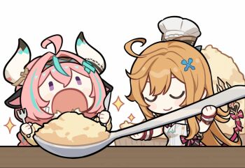 2girls ahoge animal_ears animated animated_gif blonde_hair chef chef_hat chibi closed_eyes closed_mouth cow_ears cow_girl cow_horns eating escoffier_(genshin_impact) feeding fork genshin_impact giant_spoon hair_ornament hat holding holding_fork holding_knife horns knife long_sleeves multiple_girls official_art open_mouth pink_hair simple_background smile varesa_(genshin_impact) white_background