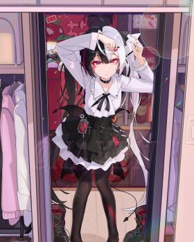 1girl absurdres ahoge black_choker black_hair black_pantyhose black_skirt choker closed_mouth collared_shirt demon_girl demon_tail eyeshadow hair_ornament haven_(5347) heart heart_hair_ornament highres lacrimosa_(nte) long_hair looking_at_viewer makeup multicolored_hair neverness_to_everness pantyhose red_eyes red_eyeshadow red_streaks shirt skirt solo split-color_hair streaked_hair tail twintails very_long_hair white_hair white_shirt x_hair_ornament