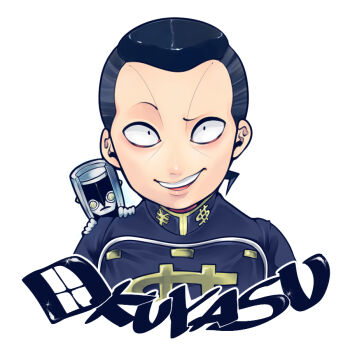 1boy bad_id bad_pixiv_id black_hair character_name chibi dollar_sign facial_mark gakuran jojo_no_kimyou_na_bouken male_focus multicolored_hair nijimura_okuyasu okamoto_(romio008) pin pompadour school_uniform smile stand_(jojo) the_hand_(stand) two-tone_hair upper_body yen_sign