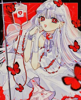 1girl :d amaharu_wasure black_border blood blurry blush border breasts bride bug butterfly cleavage commentary_request cross cross_earrings depth_of_field dress earrings fingernails flower heart heart_in_eye highres insect interlocked_fingers intravenous_drip jewelry latin_cross long_hair looking_at_viewer nail_polish open_mouth original red_background red_eyes red_nails red_theme smile solo sparkle symbol_in_eye veil white_dress white_flower white_hair white_veil