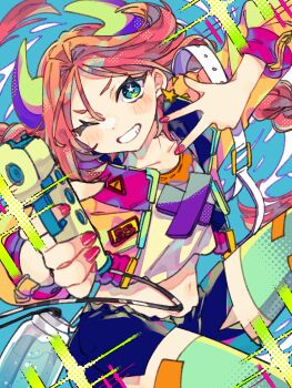 1girl ako-chan_(notamaru_2) blue_background blue_shorts blush_stickers colorful commentary_request cowboy_shot crop_top cropped_shirt green_eyes green_horns green_thighhighs grin highres holding holding_water_gun horns long_sleeves looking_at_viewer midriff nail_polish navel notamaru_2 one_eye_closed original pink_hair pink_nails shirt short_hair shorts smile solo thighhighs w water_gun yellow_shirt