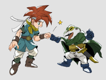 2boys armor blue_gloves blue_tunic boots breastplate brown_boots cape chrono_trigger colored_sclera crono_(chrono_trigger) fist_bump frog_(chrono_trigger) frog_boy gloves green_cape green_eyes headband kebe6p multiple_boys pants red_hair simple_background sword tunic weapon white_headband white_pants yellow_sclera