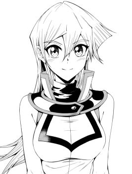 1girl bare_shoulders blush breasts closed_mouth commentary_request duel_academy_uniform_(yu-gi-oh!_gx) greyscale hair_between_eyes long_hair looking_at_viewer monochrome rourou_ill school_uniform shirt sleeveless sleeveless_shirt smile solo tenjouin_asuka upper_body yu-gi-oh! yu-gi-oh!_gx