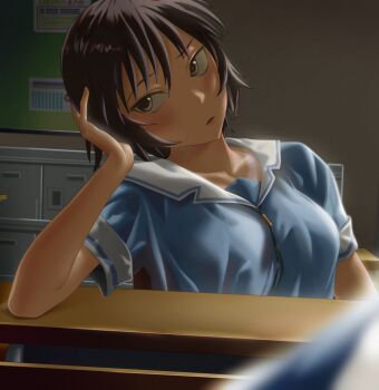 1girl averting_eyes azumanga_daioh's_school_uniform azumanga_daiou blue_ribbon blue_serafuku blue_shirt blush bored breasts brown_eyes brown_hair bulletin_board chair classroom commentary dark-skinned_female dark_skin desk elbow_rest embarrassed getabako hair_between_eyes hand_on_own_head head_rest highres indoors kagura_(azumanga_daioh) kozuehikaru large_breasts looking_to_the_side neck_ribbon on_chair parted_lips ribbon sailor_collar school_chair school_desk school_uniform serafuku shirt short_sleeves sitting solo summer_uniform tomboy white_sailor_collar