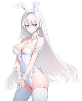 1girl animal_ears armband ass bare_shoulders bow bowtie breasts covered_navel cowboy_shot detached_collar earbuds earphones fake_animal_ears frilled_armband frills highleg highleg_leotard highres holding jdnyang large_breasts leotard long_hair looking_at_viewer original own_hands_together playboy_bunny rabbit_ears rabbit_tail red_eyes side-tie_leotard simple_background solo strapless strapless_leotard tail thighhighs very_long_hair white_background white_bow white_bowtie white_hair white_thighhighs wrist_cuffs